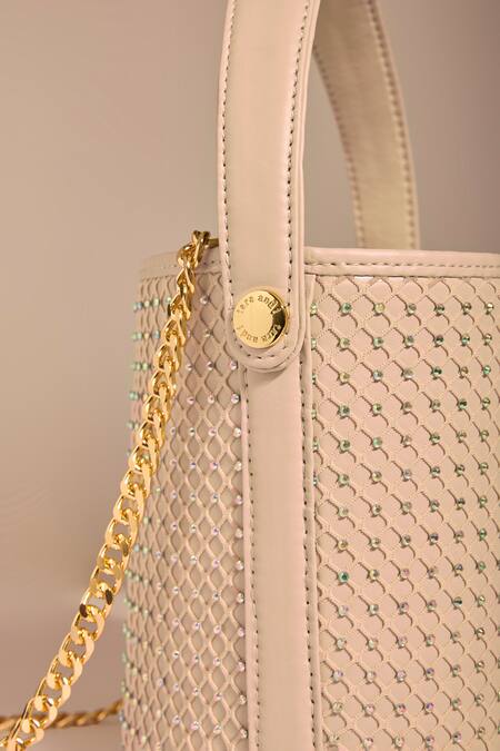 Tara And I_Cream Rhinestones, Chains Creme Intermesh Bucket Bag _Online_at_Aza_Fashions