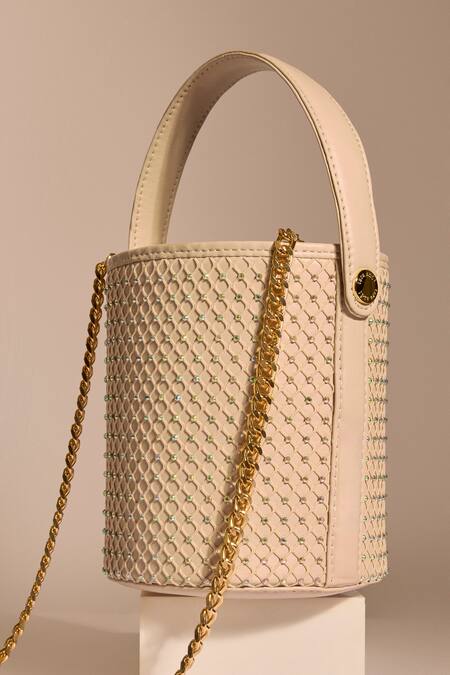 Shop_Tara And I_Cream Rhinestones, Chains Creme Intermesh Bucket Bag _Online_at_Aza_Fashions