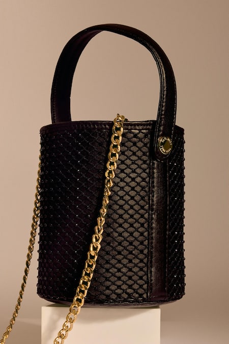Tara And I Black Rhinestones, Studs Intermesh Bucket Bag Online at Aza Fashions Tara And I_Black Rhinestones, Studs Intermesh Bucket Bag _Online_at_Aza_Fashions