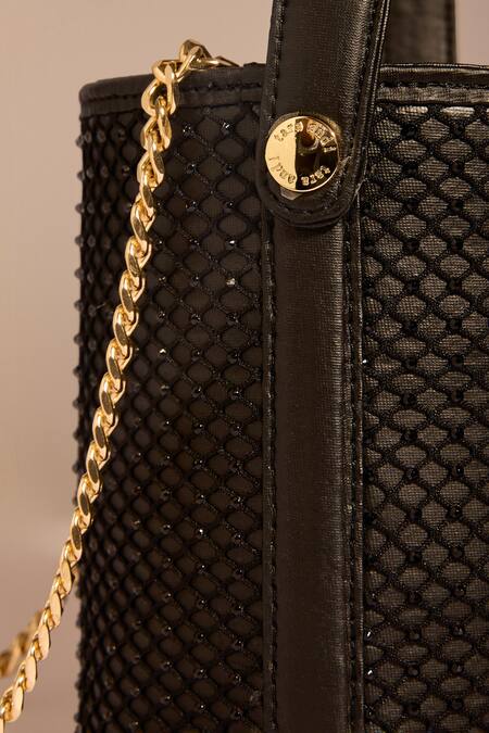 Shop Tara And I Black Rhinestones, Studs Intermesh Bucket Bag Online at Aza Fashions Shop_Tara And I_Black Rhinestones, Studs Intermesh Bucket Bag _Online_at_Aza_Fashions