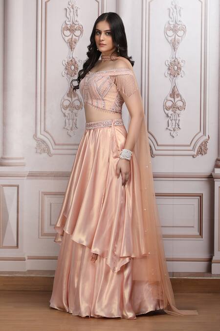 Buy_Mandira Wirk Resort_Peach Satin, Lurex, Georgette Sequins, Beads, Embellished Blouse Lehenga Set _Online_at_Aza_Fashions