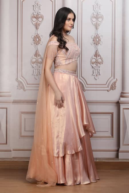 Shop_Mandira Wirk Resort_Peach Satin, Lurex, Georgette Sequins, Beads, Embellished Blouse Lehenga Set _Online_at_Aza_Fashions