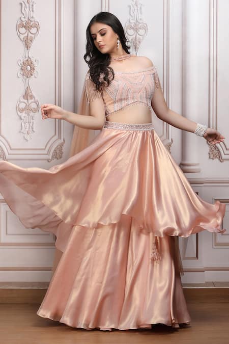 Mandira Wirk Resort_Peach Satin, Lurex, Georgette Sequins, Beads, Embellished Blouse Lehenga Set _at_Aza_Fashions