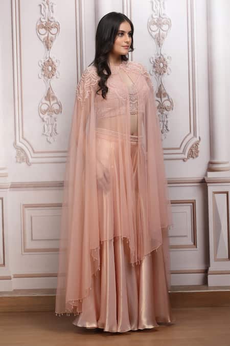 Mandira Wirk Resort_Peach Lurex, Georgette Beads, Embroidery Round Neck, Keyhole Cape Lehenga Set _Online_at_Aza_Fashions