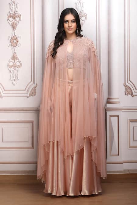 Buy_Mandira Wirk Resort_Peach Lurex, Georgette Beads, Embroidery Round Neck, Keyhole Cape Lehenga Set _Online_at_Aza_Fashions