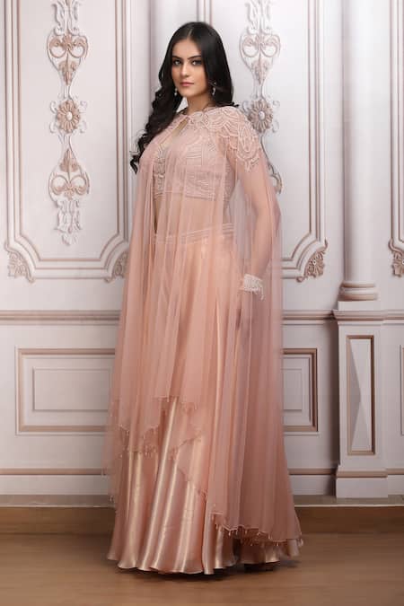 Shop_Mandira Wirk Resort_Peach Lurex, Georgette Beads, Embroidery Round Neck, Keyhole Cape Lehenga Set _Online_at_Aza_Fashions