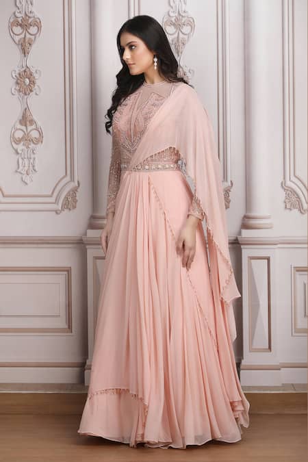 Buy_Mandira Wirk Resort_Peach Chiffon Embroidery, Sequins, Beads Round Neck Saree Gown _Online_at_Aza_Fashions