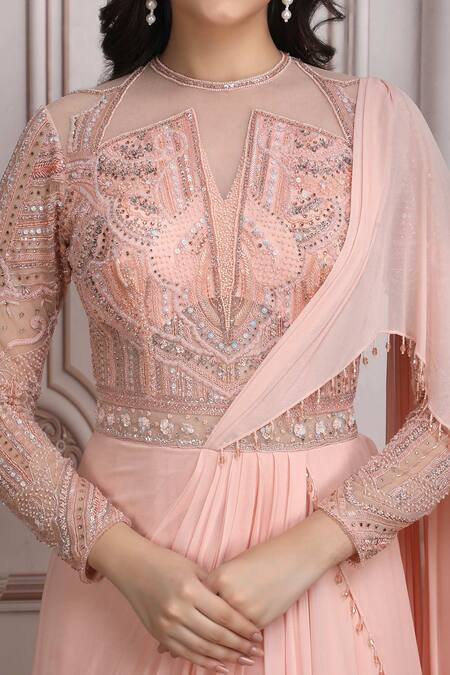 Shop_Mandira Wirk Resort_Peach Chiffon Embroidery, Sequins, Beads Round Neck Saree Gown _Online_at_Aza_Fashions