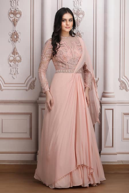 Mandira Wirk Resort_Peach Chiffon Embroidery, Sequins, Beads Round Neck Saree Gown _at_Aza_Fashions
