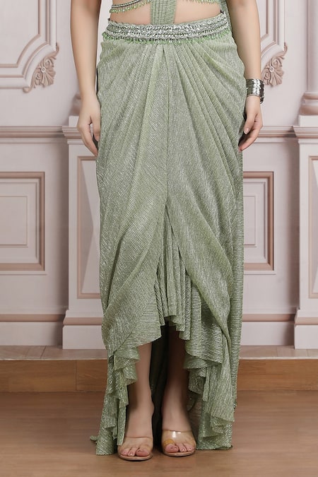 Buy_Mandira Wirk Resort_Green Lycra Sequins, Beads, Metallic Embellished Pre-draped Saree With Blouse _Online_at_Aza_Fashions
