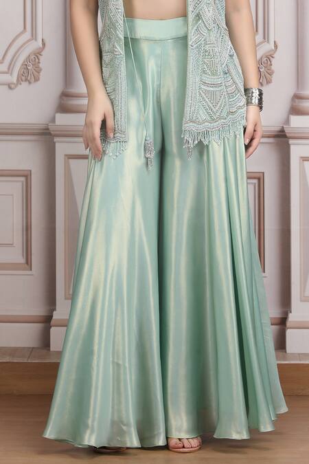 Mandira Wirk Resort_Aqua Lurex, Georgette Beads, Sequins Open Embellished Sheer Jacket Palazzo Set _Online_at_Aza_Fashions
