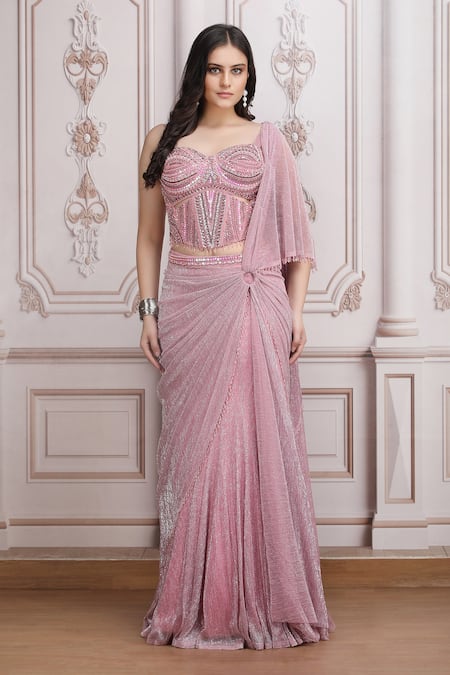 Mandira Wirk Resort_Pink Lycra Beads, Sequins, Embroidery Sweetheart Embellished Blouse Lehenga Set _Online_at_Aza_Fashions