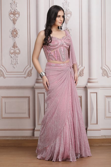 Buy_Mandira Wirk Resort_Pink Lycra Beads, Sequins, Embroidery Sweetheart Embellished Blouse Lehenga Set _Online_at_Aza_Fashions