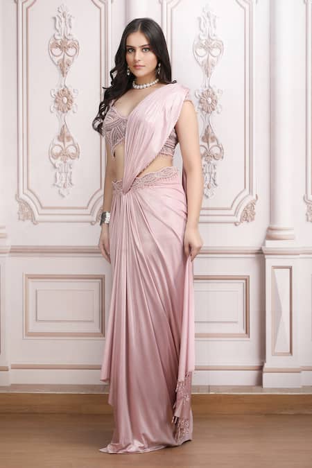 Buy_Mandira Wirk Resort_Pink Lycra Beads, Sequins, Embroidery Embellished Pre-draped Saree With Blouse _Online_at_Aza_Fashions