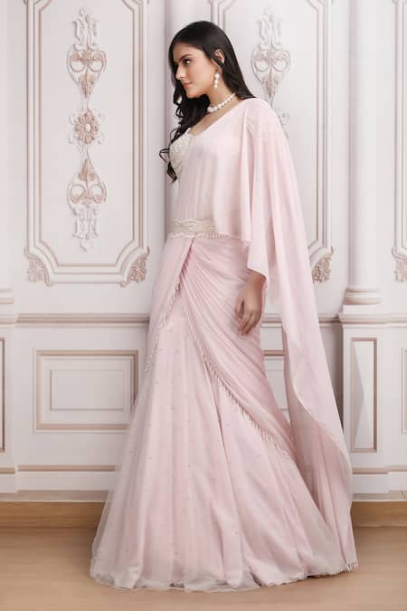 Mandira Wirk Resort_Pink Georgette Sequins, Beads, Embellished Pre-draped Saree With Blouse _Online_at_Aza_Fashions