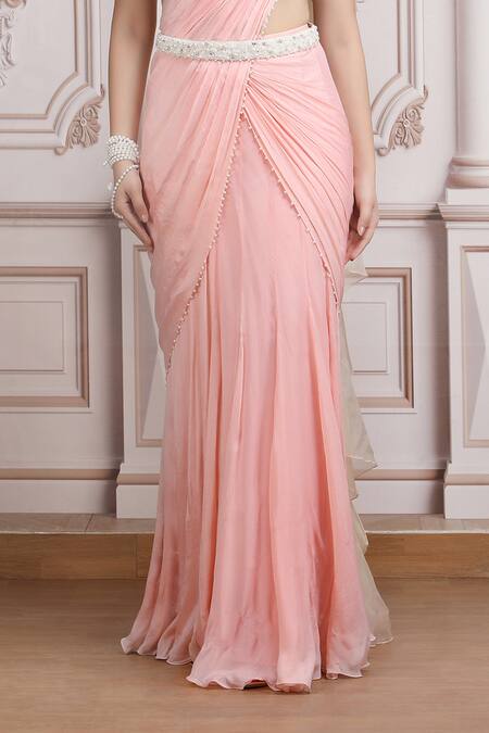 Mandira Wirk Resort_Peach Chiffon Beads, Sequins, Pearls Pre-draped Saree With Embellished Blouse _Online_at_Aza_Fashions