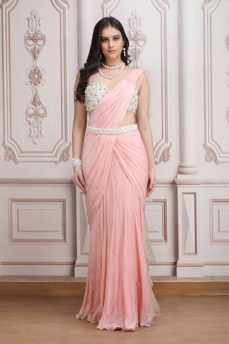 Buy_Mandira Wirk Resort_Peach Chiffon Beads, Sequins, Pearls Pre-draped Saree With Embellished Blouse _Online_at_Aza_Fashions