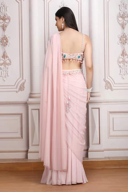 Mandira Wirk Resort Pre-Draped Saree With Embroidered Blouse 