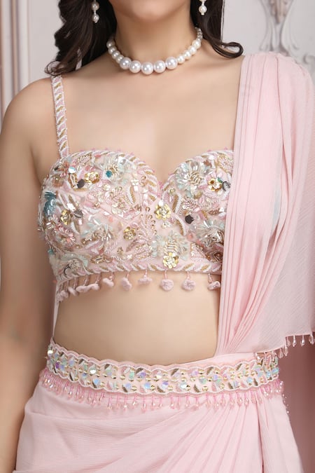 Mandira Wirk Resort_Pink Georgette Sequins, Beads, Zari, Embroidery, Pre-draped Saree With Blouse _Online_at_Aza_Fashions
