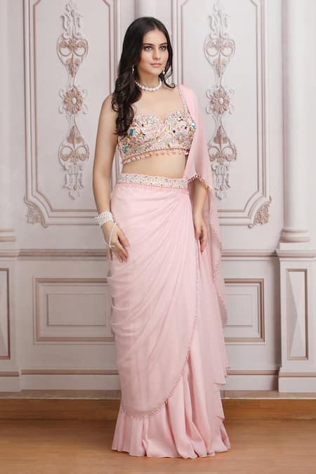Shop_Mandira Wirk Resort_Pink Georgette Sequins, Beads, Zari, Embroidery, Pre-draped Saree With Blouse _Online_at_Aza_Fashions