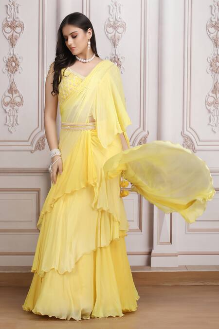 Buy_Mandira Wirk Resort_Yellow Chiffon Embroidery, Beads, Sequins, Ruffle Pre-draped Lehenga Saree Set _Online_at_Aza_Fashions