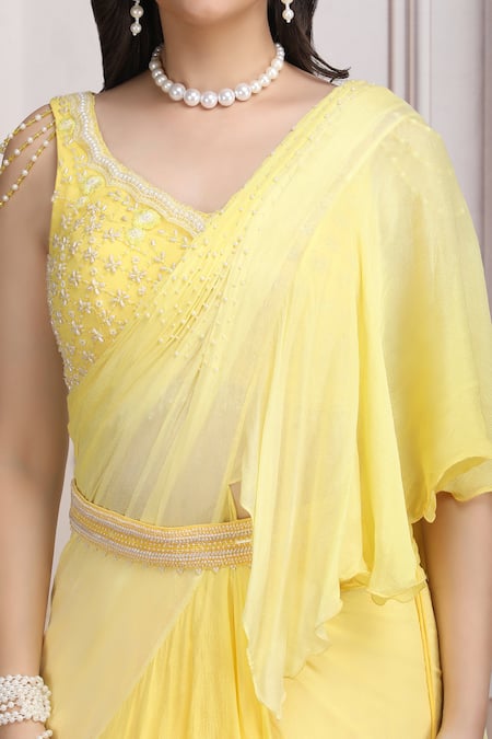 Mandira Wirk Resort_Yellow Chiffon Embroidery, Beads, Sequins, Ruffle Pre-draped Lehenga Saree Set _at_Aza_Fashions