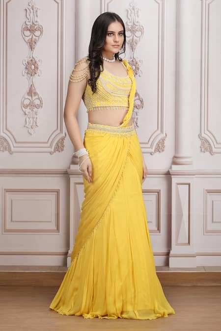 Mandira Wirk Resort_Yellow Chiffon Beads, Sequins, Embroidery, Pre-draped Saree With Blouse _Online_at_Aza_Fashions