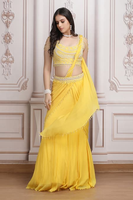 Buy_Mandira Wirk Resort_Yellow Chiffon Beads, Sequins, Embroidery, Pre-draped Saree With Blouse _Online_at_Aza_Fashions
