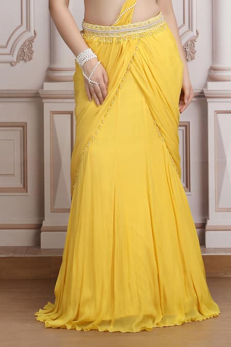 Mandira Wirk Resort_Yellow Chiffon Beads, Sequins, Embroidery, Pre-draped Saree With Blouse _at_Aza_Fashions