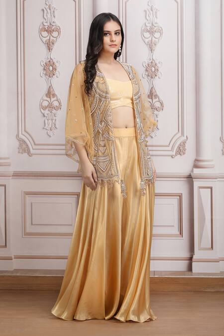 Mandira Wirk Resort_Gold Lurex, Georgette Sequins, Pearls, Beads Embroidered Jacket Skirt Set _Online_at_Aza_Fashions