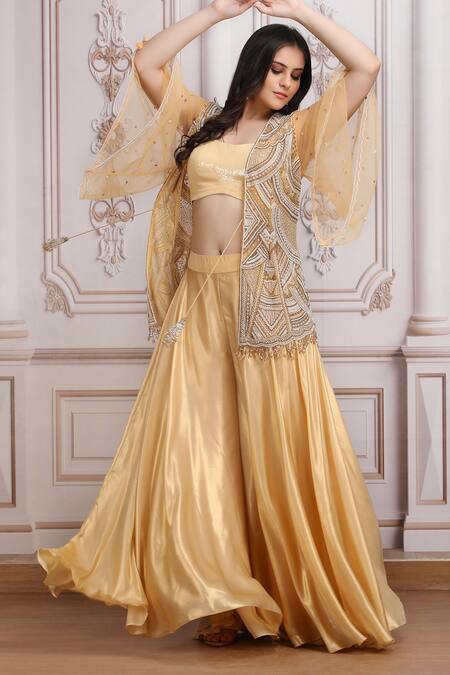 Buy_Mandira Wirk Resort_Gold Lurex, Georgette Sequins, Pearls, Beads Embroidered Jacket Skirt Set _Online_at_Aza_Fashions