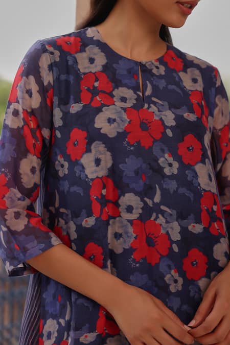 Vaayu Blue Muslin, Cotton Round , Keyhole Indigo Bloom Kurta And Pant Set Online at Aza Fashions Vaayu_Blue Muslin, Cotton Round , Keyhole Indigo Bloom Kurta And Pant Set _Online_at_Aza_Fashions