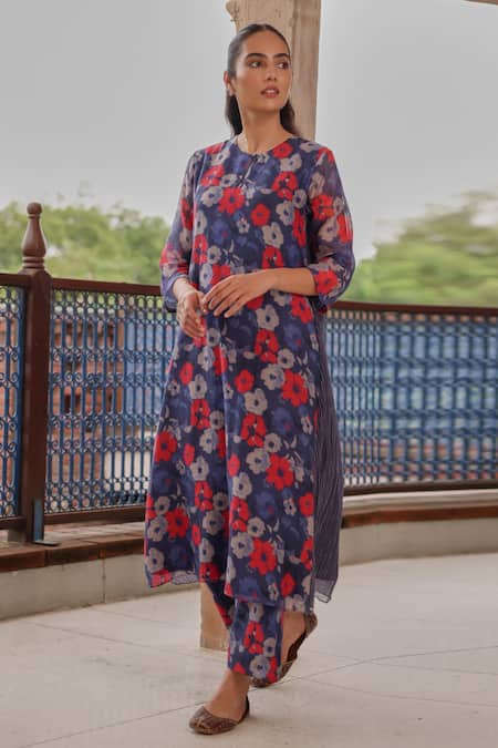Buy Vaayu Blue Muslin, Cotton Round , Keyhole Indigo Bloom Kurta And Pant Set Online at Aza Fashions Buy_Vaayu_Blue Muslin, Cotton Round , Keyhole Indigo Bloom Kurta And Pant Set _Online_at_Aza_Fashions