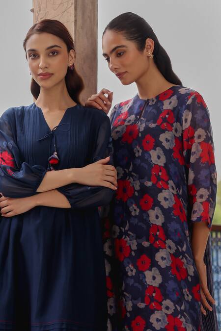 Vaayu Blue Muslin, Cotton Round , Keyhole Indigo Bloom Kurta And Pant Set at Aza Fashions Vaayu_Blue Muslin, Cotton Round , Keyhole Indigo Bloom Kurta And Pant Set _at_Aza_Fashions