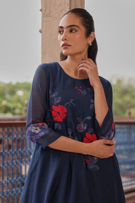 Buy_Vaayu_Blue Muslin, Cotton Applique, Foil Printing Round Indigo Bloom Kurta And Pant Set _Online_at_Aza_Fashions