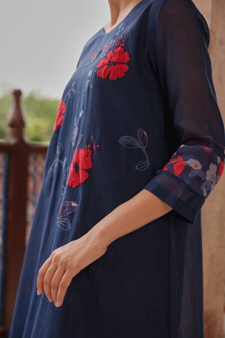 Shop_Vaayu_Blue Muslin, Cotton Applique, Foil Printing Round Indigo Bloom Kurta And Pant Set _Online_at_Aza_Fashions
