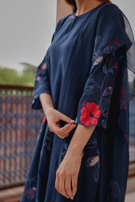 Buy_Vaayu_Blue Muslin, Cotton Applique, Embroidery, Tassels Indigo Bloom Kurta Set _Online_at_Aza_Fashions