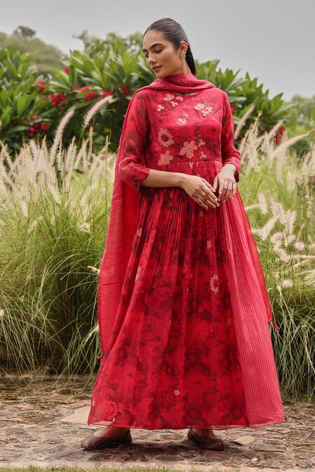 Shop_Vaayu_Pink Muslin, Cotton Embroidery, Applique, Rosewood Bloom Anarkali With Dupatta _Online_at_Aza_Fashions