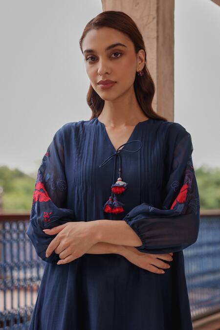 Shop Vaayu Blue Muslin, Cotton Tassels V-neck Indigo Bloom Pintuck Dress Online at Aza Fashions Shop_Vaayu_Blue Muslin, Cotton Tassels V-neck Indigo Bloom Pintuck Dress _Online_at_Aza_Fashions