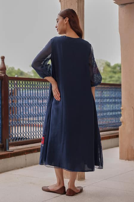 Shop Vaayu Blue Muslin, Cotton Tassels V-neck Indigo Bloom Pintuck Dress at Aza Fashions Shop_Vaayu_Blue Muslin, Cotton Tassels V-neck Indigo Bloom Pintuck Dress _at_Aza_Fashions