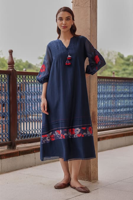 Vaayu Blue Muslin, Cotton Tassels V-neck Indigo Bloom Pintuck Dress 