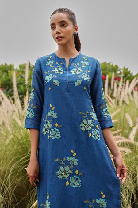 Shop_Vaayu_Blue Muslin, Cotton Applique, Embroidery, Tassels Split Indigo Bloom Kurta Set _Online_at_Aza_Fashions