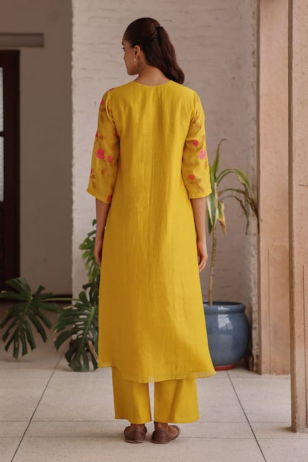 Vaayu Canary Bloom Embroidered Kurta & Pant Set 