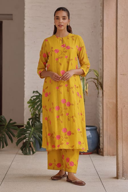 Vaayu Canary Bloom Embroidered Kurta & Pant Set 