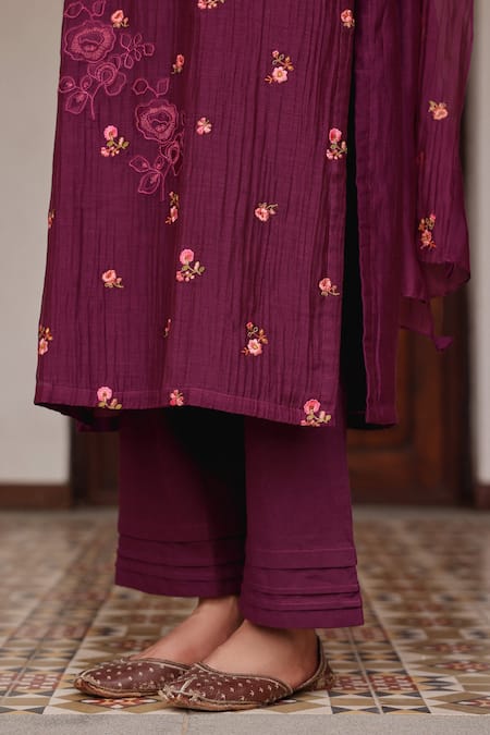Shop_Vaayu_Purple Muslin, Cotton Embroidery, Applique, Tassels Amethyst Bloom Kurta Set 