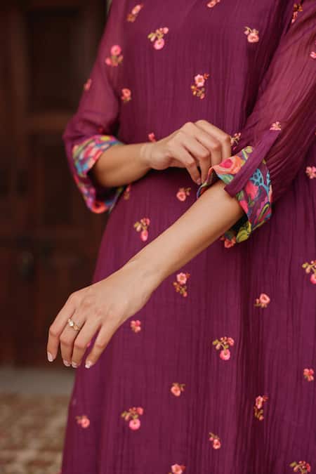 Vaayu_Purple Muslin, Cotton Embroidery Round Neck, Amethyst Bloom Kurta And Pant Set _Online_at_Aza_Fashions