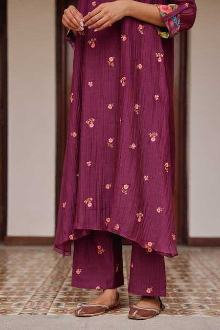 Shop_Vaayu_Purple Muslin, Cotton Embroidery Round Neck, Amethyst Bloom Kurta And Pant Set _Online_at_Aza_Fashions
