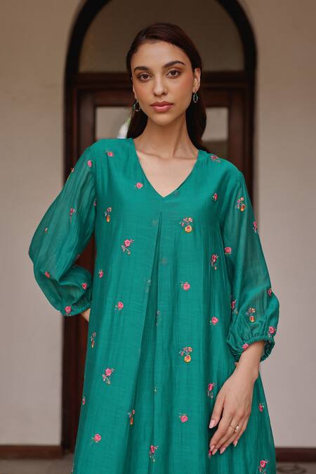 Vaayu_Teal Muslin, Cotton Embroidery V-neck Bloom Dress _Online_at_Aza_Fashions