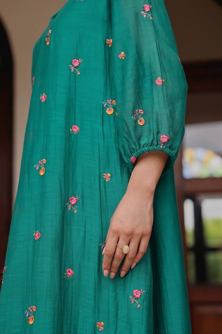 Shop_Vaayu_Teal Muslin, Cotton Embroidery V-neck Bloom Dress _Online_at_Aza_Fashions
