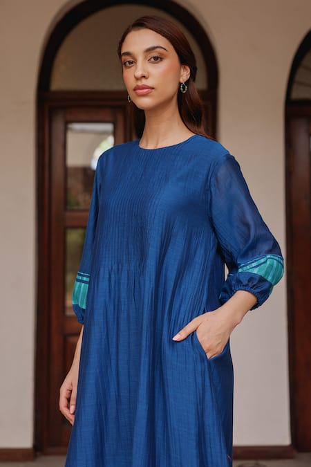 Buy_Vaayu_Blue Muslin, Cotton Applique Round Neck Indigo Pintuck Dress _Online_at_Aza_Fashions